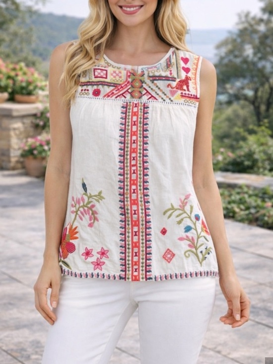 Johnny Was Tops - NWT Johnny Was Linen Embroidered Relaxed Yoke Tank M